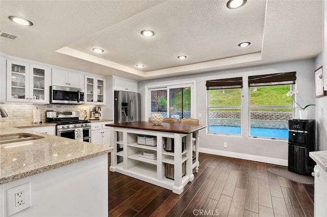 kitchen with appliances with stainless steel finishes, a raised ceiling, visible vents, and open shelves