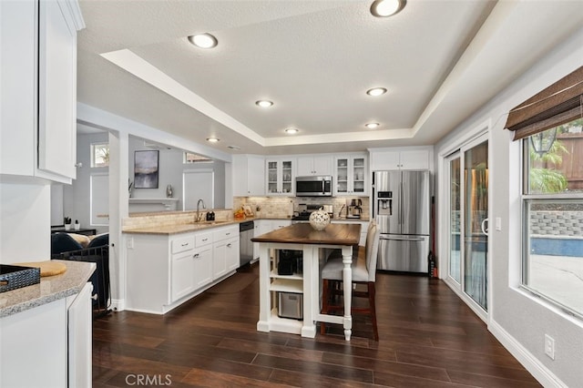 kitchen featuring stainless steel appliances, a raised ceiling, decorative backsplash, glass insert cabinets, and a sink