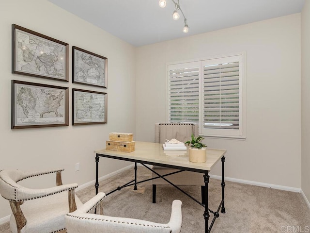 office space featuring radiator, baseboards, track lighting, and light colored carpet