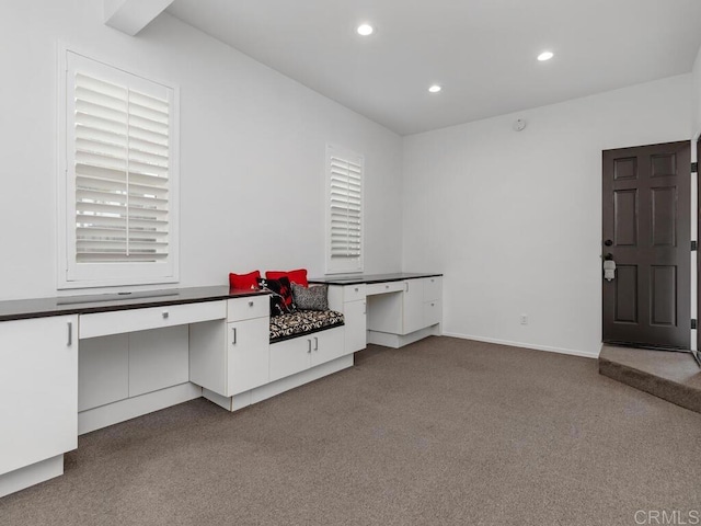 interior space featuring recessed lighting, carpet flooring, and baseboards