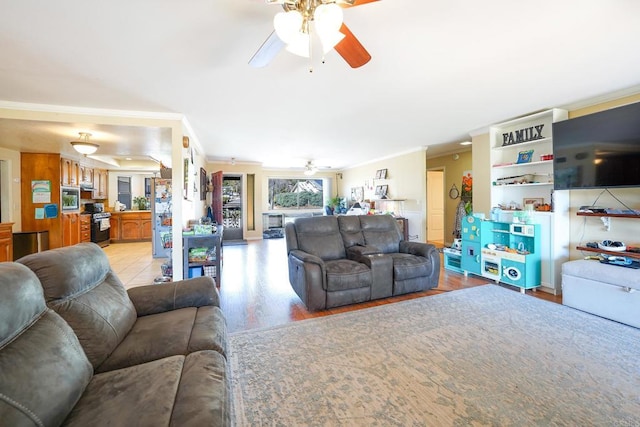 16233 Oakley Rd, Ramona, CA 92065 - living room featuring light wood-style flooring, a ceiling fan, and crown molding