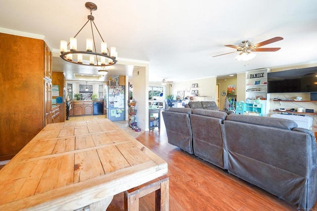 16233 Oakley Rd, Ramona, CA 92065 - dining area with ornamental molding, light wood-type flooring, and ceiling fan with notable chandelier