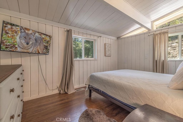 bedroom featuring lofted ceiling with beams, dark wood-style flooring, wooden ceiling, and visible vents