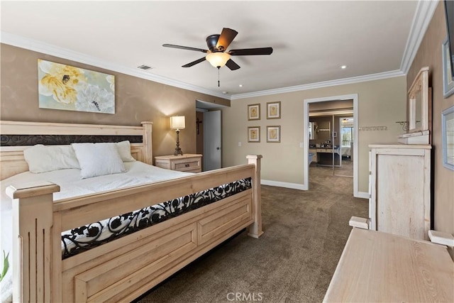 bedroom with baseboards, visible vents, a ceiling fan, ornamental molding, and dark carpet