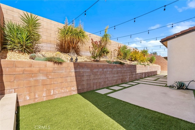 view of yard featuring a patio area and a fenced backyard