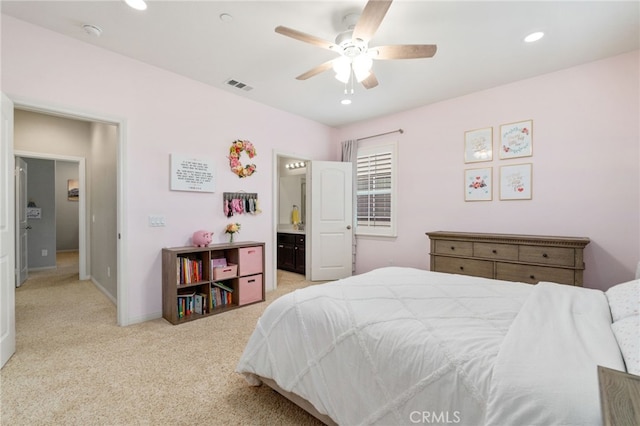 bedroom with light carpet, baseboards, visible vents, ceiling fan, and recessed lighting