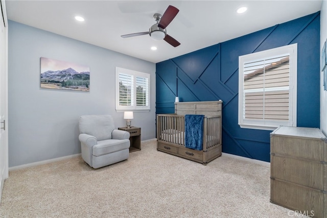 carpeted bedroom featuring baseboards, a ceiling fan, and recessed lighting