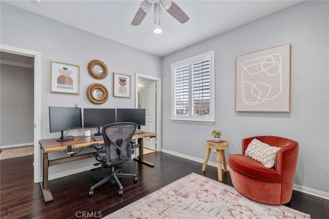 office area featuring dark wood-style floors, ceiling fan, recessed lighting, and baseboards