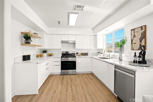 kitchen featuring open shelves, stainless steel appliances, visible vents, white cabinetry, and a sink