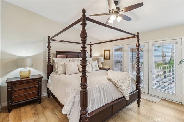 25 Vista Toscana, Lake Elsinore, CA 92532 - bedroom with access to exterior, light wood finished floors, lofted ceiling, and ceiling fan