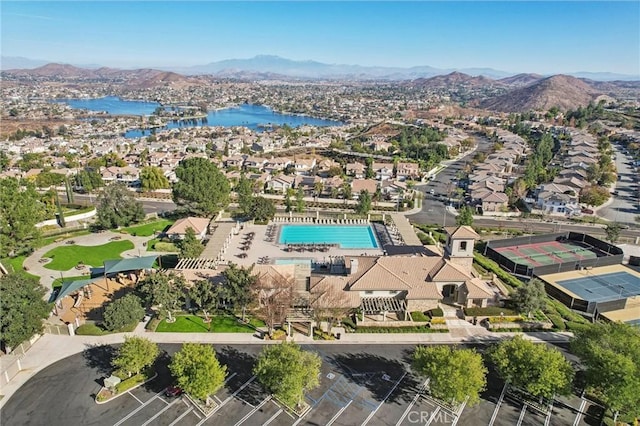 25 Vista Toscana, Lake Elsinore, CA 92532 - aerial perspective of suburban area with a water and mountain view and a pool area