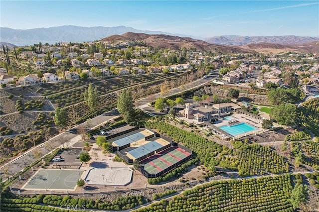 drone / aerial view featuring a mountain view