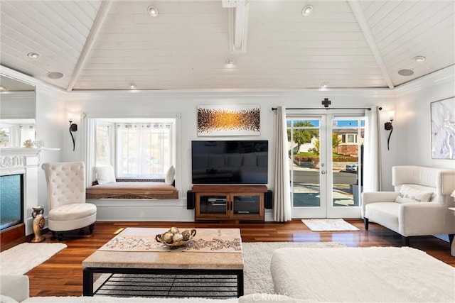 living room with a high end fireplace, wood ceiling, wood finished floors, and vaulted ceiling with beams