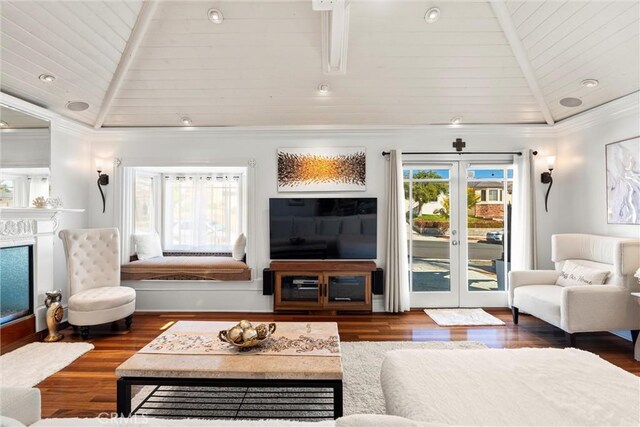 living area featuring wood ceiling, wood finished floors, high vaulted ceiling, and a high end fireplace