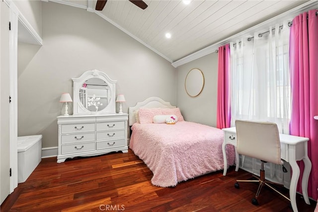 bedroom with ornamental molding, wooden ceiling, wood finished floors, and vaulted ceiling