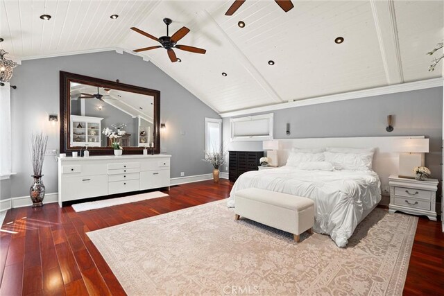 bedroom with wood ceiling, vaulted ceiling, ceiling fan, dark wood-style flooring, and baseboards