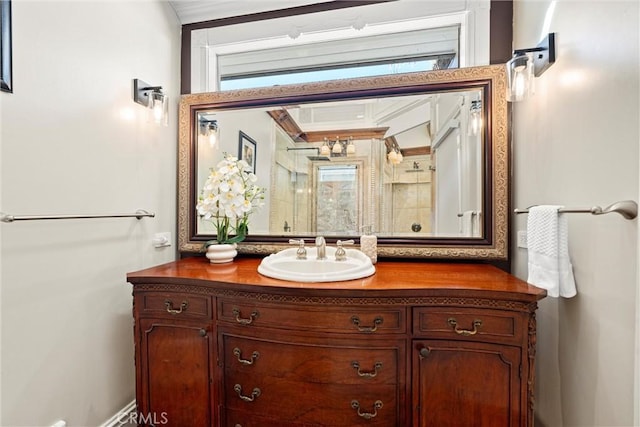 bathroom with plenty of natural light, vanity, and a shower