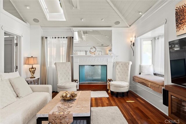 living room with dark wood-style floors, wood ceiling, a fireplace, and vaulted ceiling
