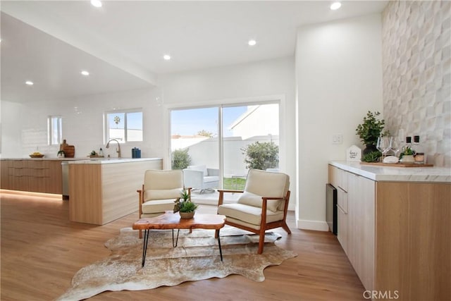 living area with light wood-style floors and recessed lighting