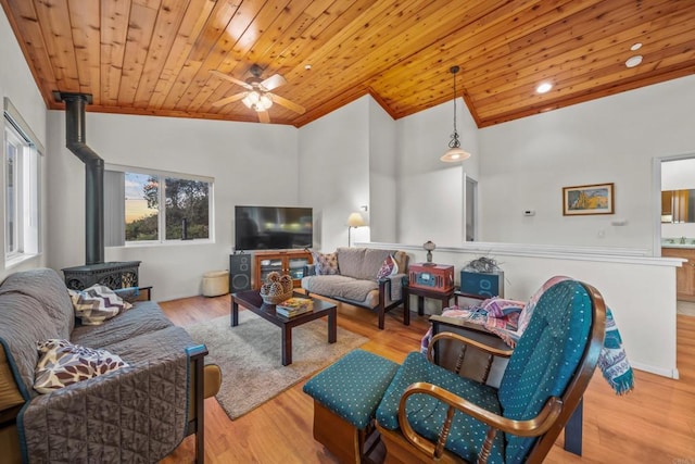 living area featuring wood ceiling, wood finished floors, a wood stove, and vaulted ceiling