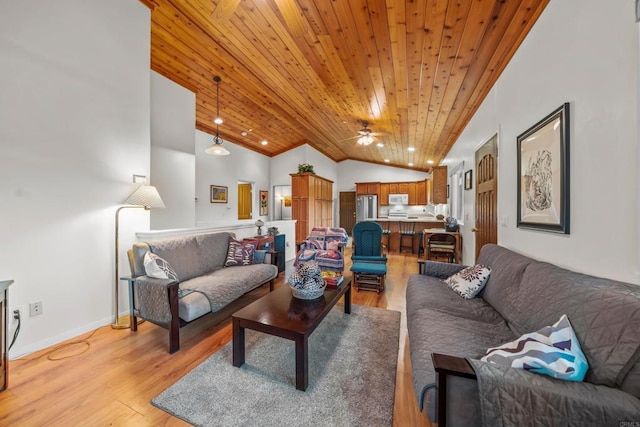 living area featuring baseboards, wood ceiling, light wood-type flooring, lofted ceiling, and a ceiling fan