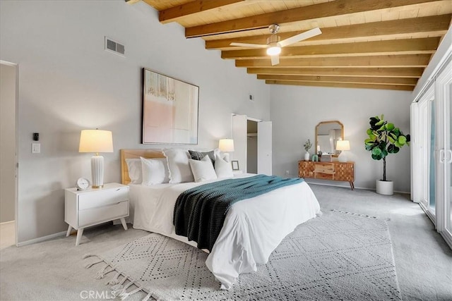 bedroom featuring lofted ceiling with beams, light carpet, wooden ceiling, and visible vents