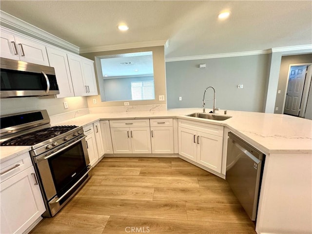 kitchen featuring light wood-style floors, ornamental molding, stainless steel appliances, and a sink