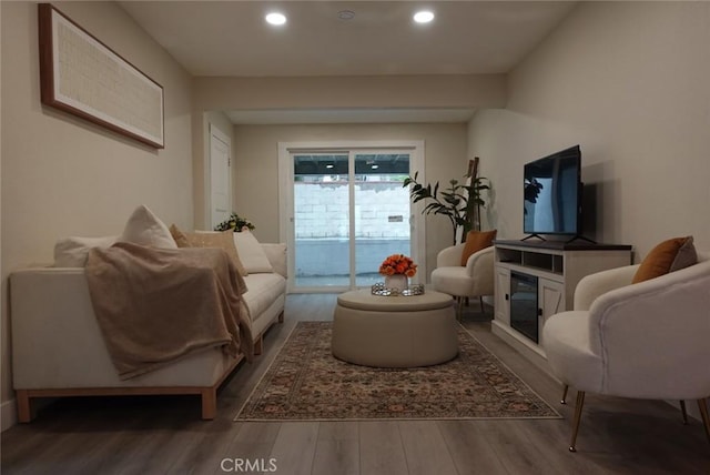 living area featuring wood finished floors and recessed lighting