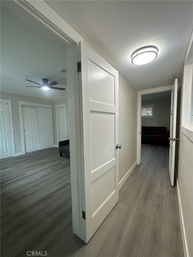 hall with baseboards and wood finished floors