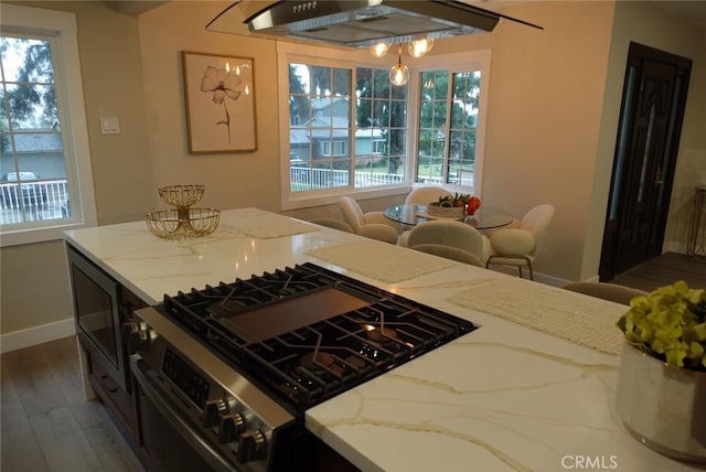 kitchen with a healthy amount of sunlight, light stone countertops, and stainless steel gas range oven