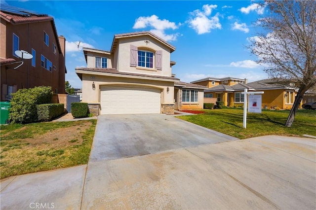 view of front facade with driveway, stone siding, an attached garage, a front lawn, and stucco siding