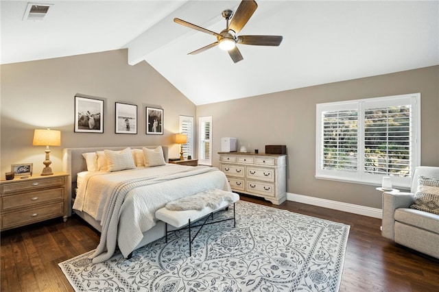 bedroom featuring lofted ceiling with beams, dark wood-style flooring, visible vents, and baseboards