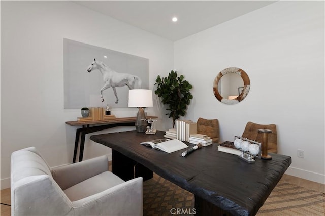 office with wood finished floors, baseboards, and recessed lighting