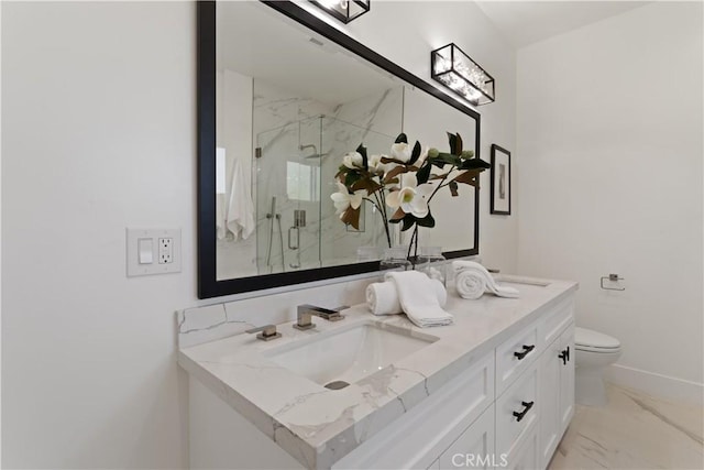 full bathroom featuring baseboards, toilet, vanity, a marble finish shower, and marble finish floor