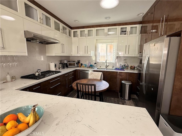 kitchen with dark brown cabinetry, tasteful backsplash, white cabinets, stainless steel appliances, and under cabinet range hood