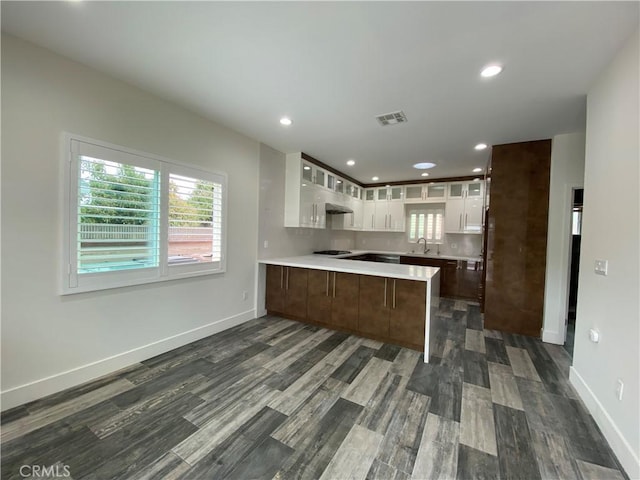 kitchen featuring a peninsula, a sink, visible vents, light countertops, and glass insert cabinets