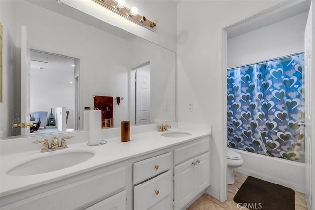 bathroom with double vanity, a sink, toilet, and shower / bathtub combination with curtain