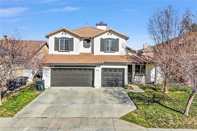 mediterranean / spanish-style house featuring a tile roof, a chimney, concrete driveway, and stucco siding