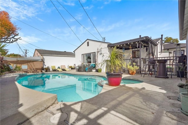 view of swimming pool featuring a fenced in pool and a patio