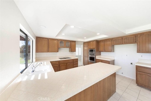 kitchen with stainless steel appliances, a raised ceiling, a healthy amount of sunlight, and a peninsula