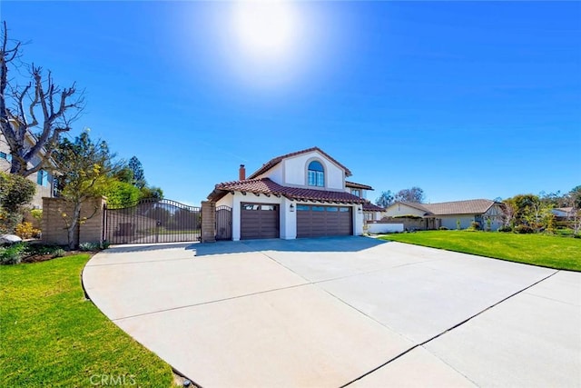 view of front of property with a tiled roof, driveway, stucco siding, a front lawn, and a chimney