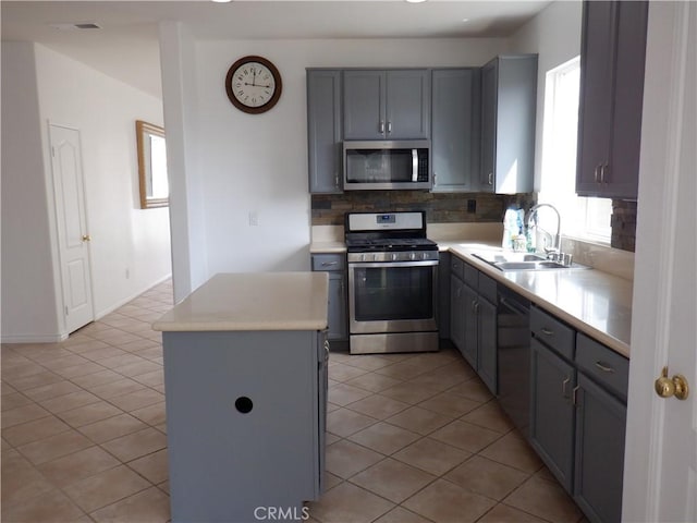 kitchen featuring stainless steel appliances, a sink, decorative backsplash, and gray cabinetry