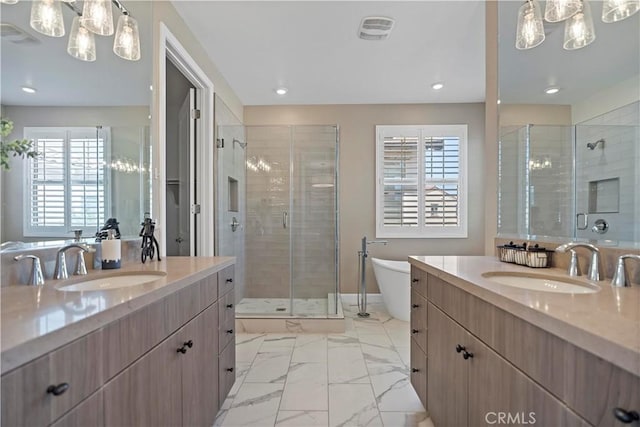 bathroom featuring a shower stall, visible vents, two vanities, and a sink