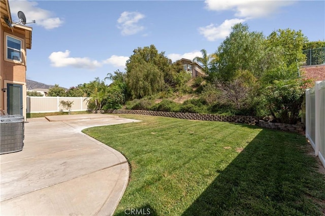 view of yard featuring a patio area and a fenced backyard