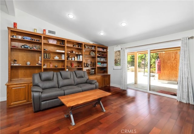 sitting room with dark wood-style flooring, recessed lighting, visible vents, vaulted ceiling, and baseboards