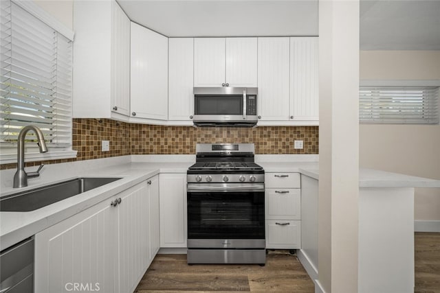 kitchen featuring appliances with stainless steel finishes, dark wood finished floors, a sink, and light countertops