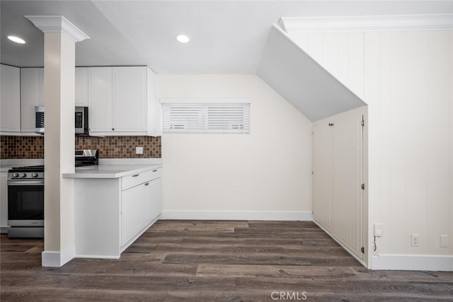 kitchen with light countertops, appliances with stainless steel finishes, dark wood-type flooring, and backsplash