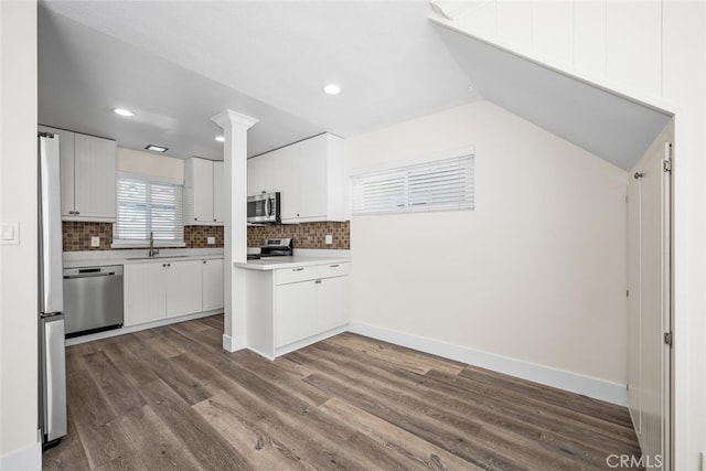 kitchen with tasteful backsplash, appliances with stainless steel finishes, dark wood-type flooring, and a sink