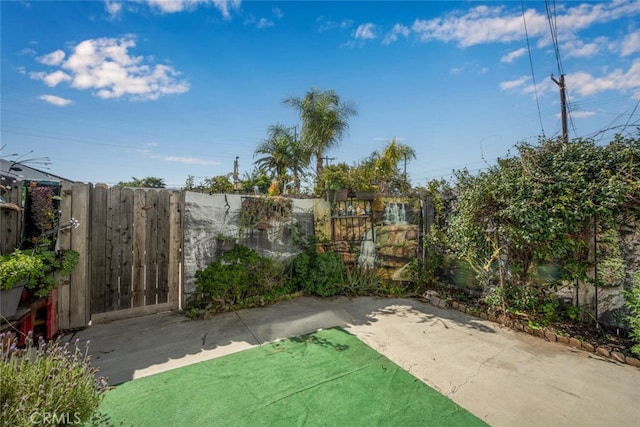 view of yard with a gate, fence, and a patio