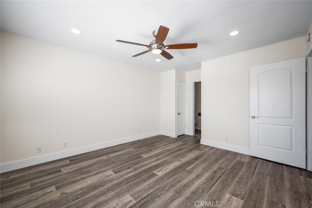 unfurnished bedroom featuring ceiling fan, recessed lighting, wood finished floors, and baseboards